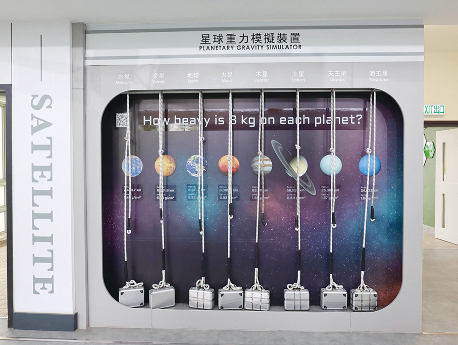 ●星球重力模擬裝置，以實物對比直觀展示八大行星的重力差異，讓學生體驗天文物理概念。