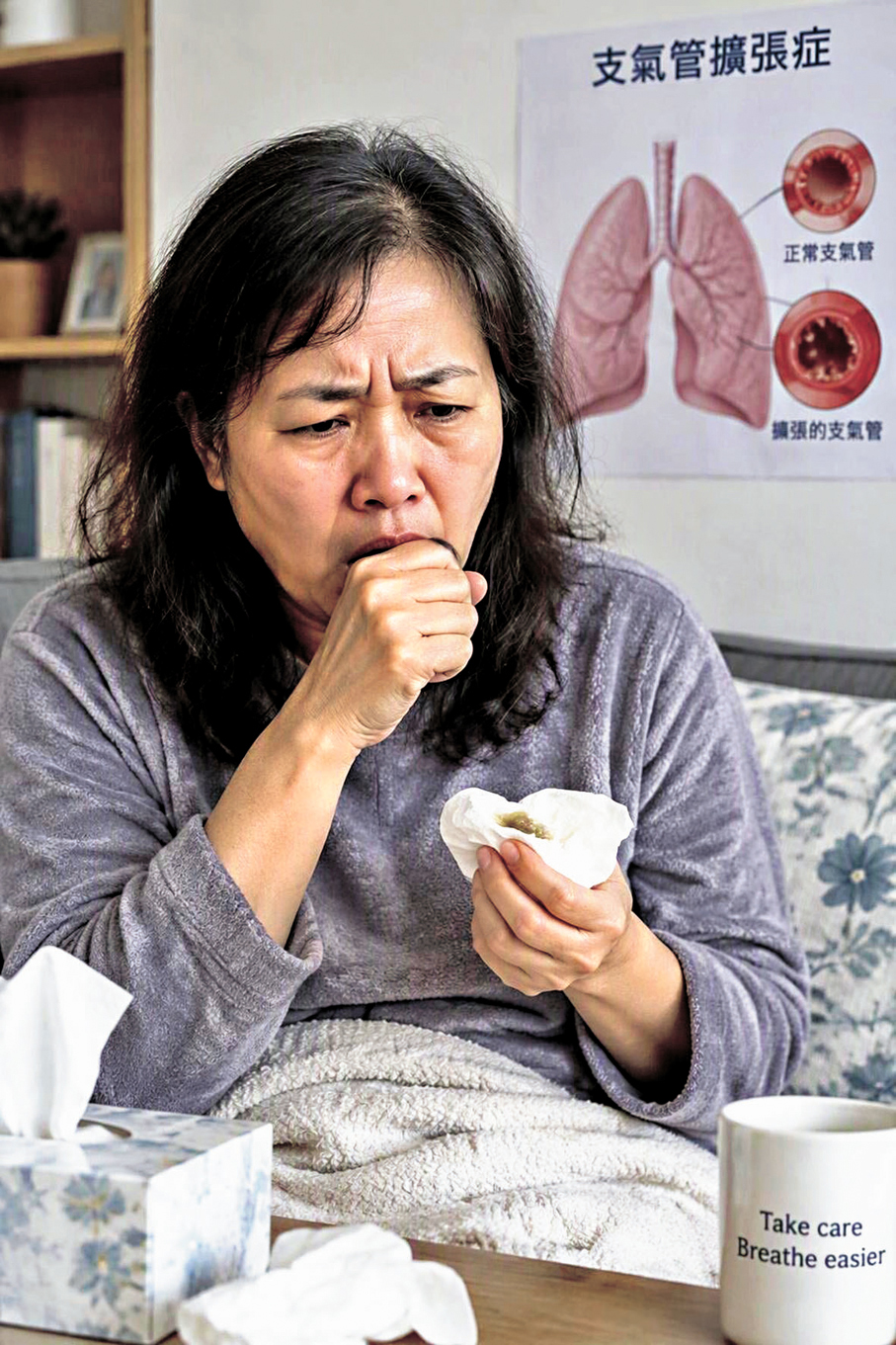 ●支氣管擴張屬於氣道永久性擴張、反覆感染的慢性呼吸系統疾病，常見症狀包括長期咳嗽、大量膿痰、反覆咯血，部分患者可伴見呼吸困難或胸痛。  AI生成圖片