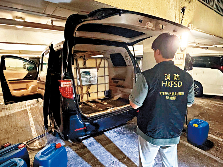 ●消防人員在石硤尾邨停車場破獲私家車非法流動油站。 消防處Fb圖片