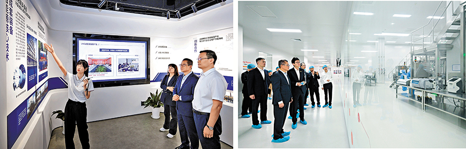 ●陳茂波昨參訪了江蘇能源及節能裝備企業（左圖）和醫藥企業（右圖），聽取公司代表簡介其業務發展。 政府新聞處