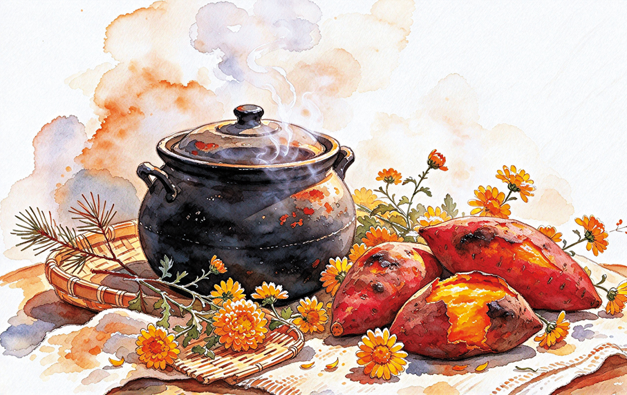 ●瓦罐、野菊、紅薯，是忘不掉的霜降味道。 AI繪圖